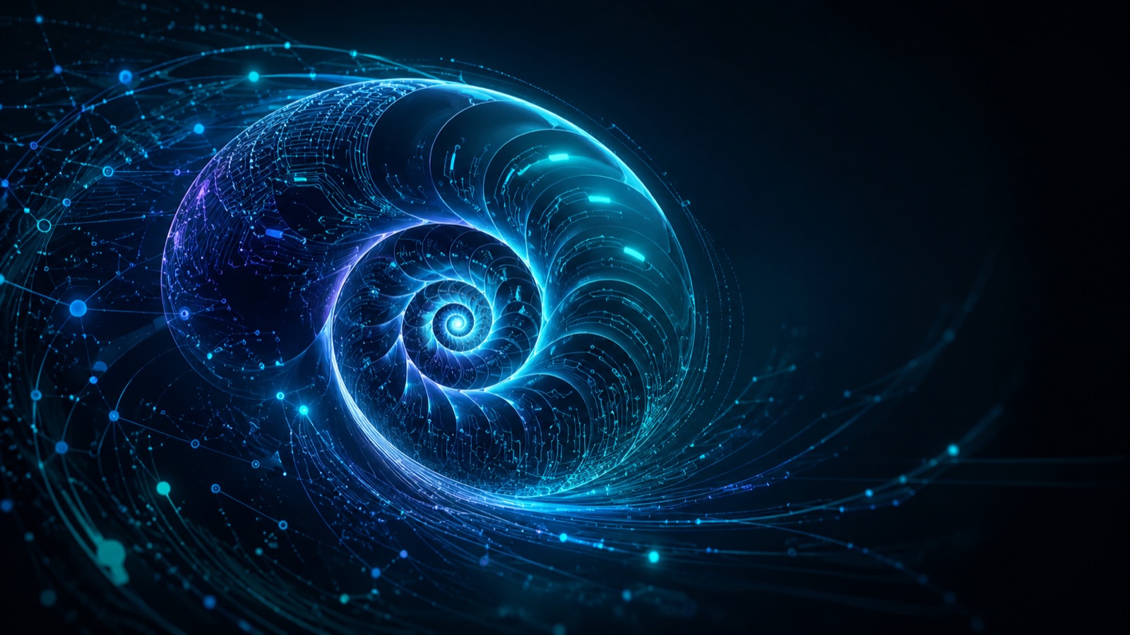 A nautilus shell rendered as glowing blue circuitry, its spiral trailing into a network of nodes